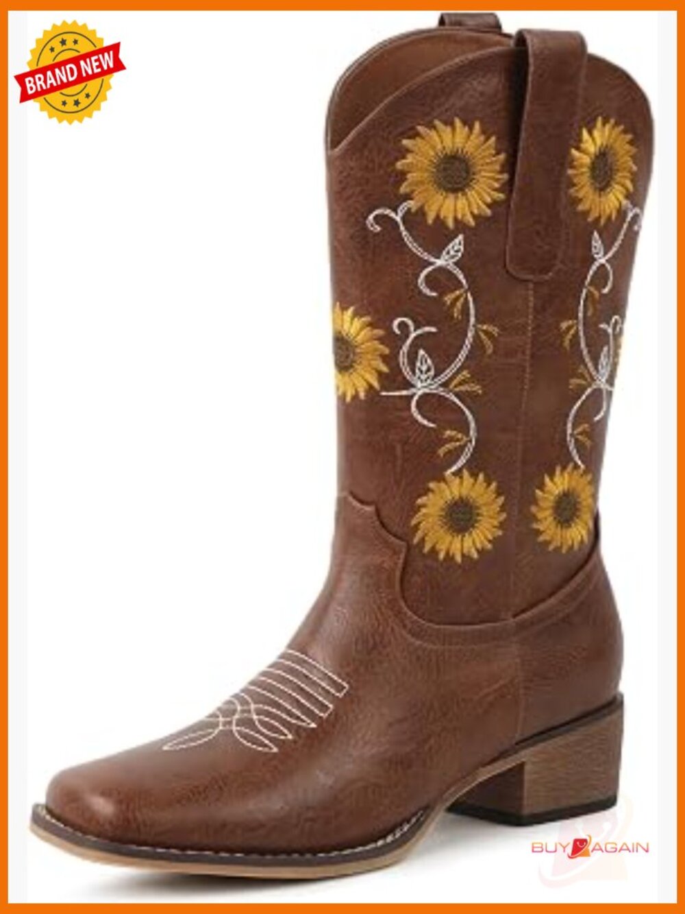 Square Toe Cowboy Boots – Mid Calf Western Boots with Embroidery, Chunky Heel,